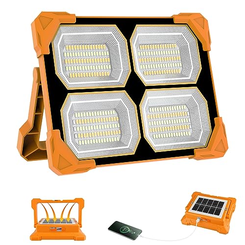 T-SUN 100W Rechargeable Solar Work Lights, 348 LEDs Portable Solar Flood Lights Outdoor with USB IP66 Waterproof 2000mAh*3 5000LM 4 Light Modes and Magnetic Suction for Yard, Garage, Fishing, Hiking