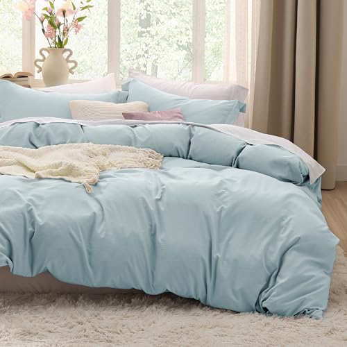 Image of Bedsure Prewashed Oversized King Duvet Cover, Cotton-Like Set, Baby Blue | Ultra Soft, Relaxed Texture, 120 inchx98 inch Breathable Comfort, Hidden Zipper, 8 Corner Ties, Easy Care, OEKO-TEX, Year-Round Use