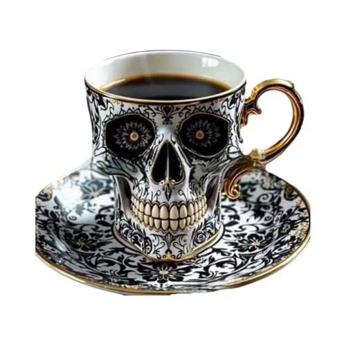 QUXVUIS Service à thé gothique Pour aux accents dorés exquis, ensemble de tasses à tête de mort unique pour des goûters élégants et des cérémonies café...