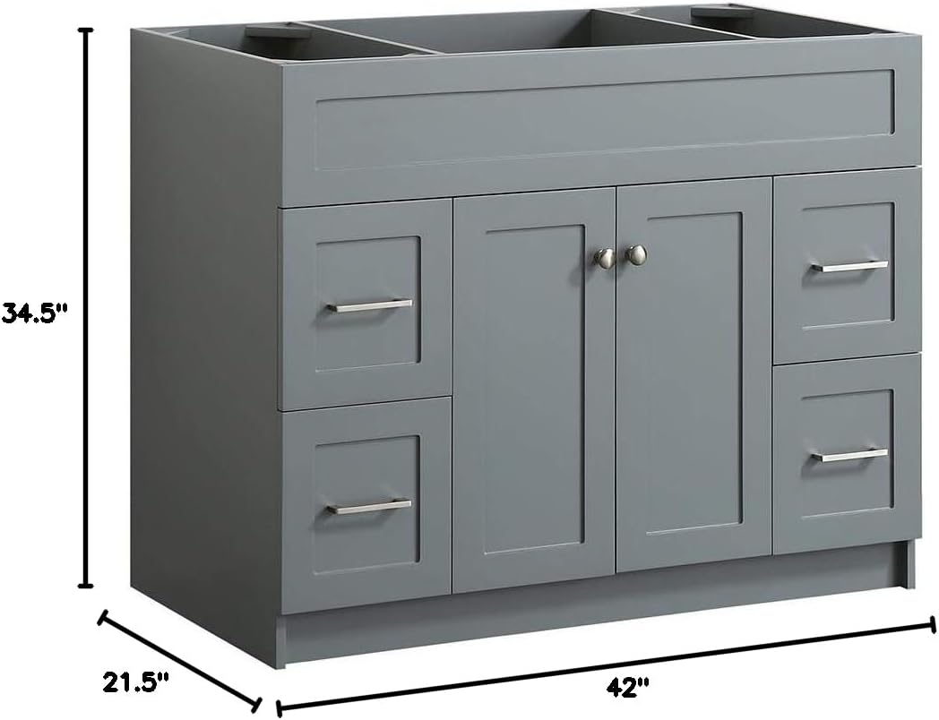 ARIEL 42" Inch Vanity Grey Base Cabinet with 2 Soft Closing Doors and 4 Full Extension Drawers - Hamlet Series F043S-BC-GRY