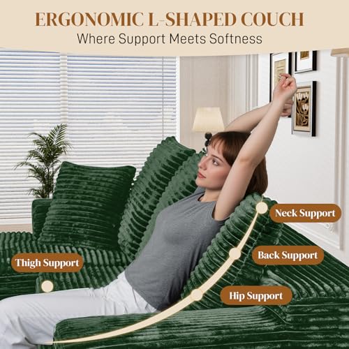 Image of 108 inch L Shaped Boneless Sectional Couches for Living Room, Comfy Corduroy Floor Cloud Sofa with Chaise, Wide Armrest, Deep Seat, Memory Foam, Assembly Free, Ideal for Small Spaces, Green