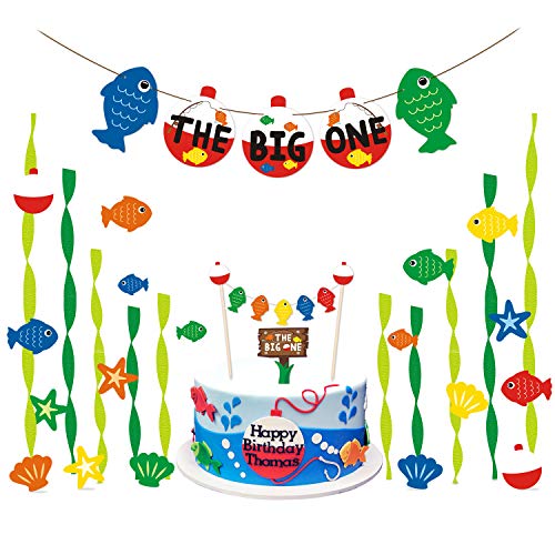 Yaaaaasss! The Big One Birthday Party Decoration Favor Set,Baby First Birthday Banner Fishing Cake Topper Green Crepe Paper Streamers Backdrop Ideas Supplies