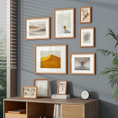 Image of 8x10 Picture Frame Set of 3, USA-Sourced Natural Cherry Wood Photo Collage Frame with HD Tempered Glass, Modern Simple 8 x 10 Wooden Frame Matted to 5x7 Gallery Frames for Art Wall or Tabletop Display
