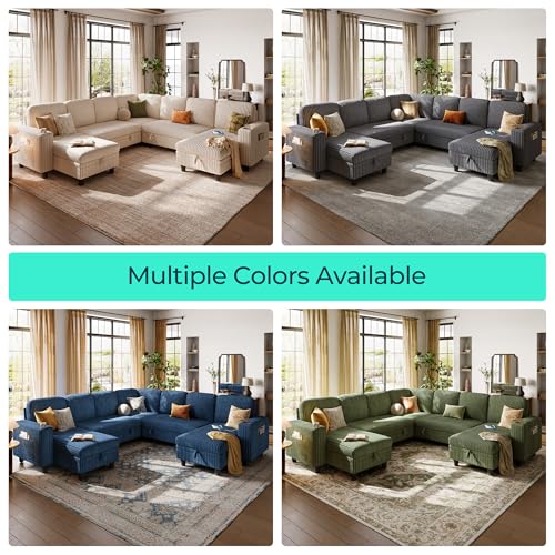 Image of LINSY HOME Sectional Sleeper Sofa with Pull Out Couch Bed - Convertible Plush Corduroy Cloud Couches with Storage Chaise & USB Charging, Comfy Modular Couch for Living Room, Beige