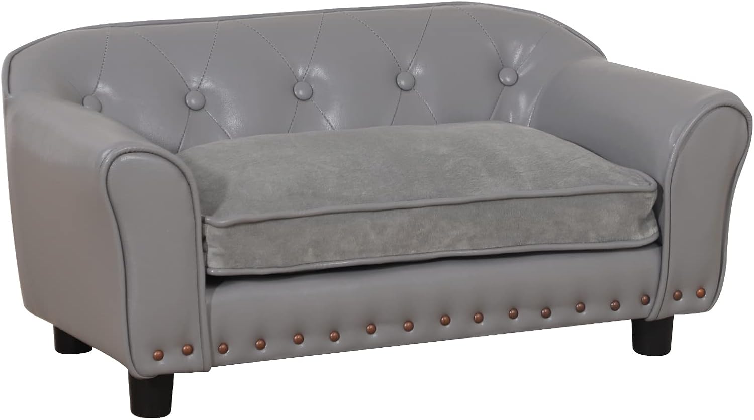Dog Couch,Puppy Bed,Cat Sofa,Cat Couch,Pet Sofa,Dog Chair,Small Pet Bed,with Copper Nail and Wooden Frame, Leather Fabric and Cushion,for Small Animals Using (Grey)