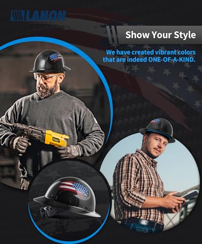 LANON Carbon Fiber Full Brim Hard Hat, OSHA Construction Work Approved, American Flag Design, Lightweight Durable Safety Helmet with 6 Point Adjustable Ratchet Suspension, Class C - Thumbnail 5