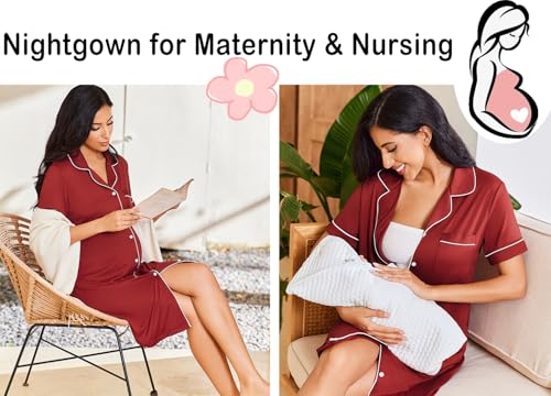 Image of Ekouaer Nightgowns for Women Button Down Sleepshirt Short Sleeve Nightshirt Boyfriend Pajamas V Neck Nightdress S-XXXL