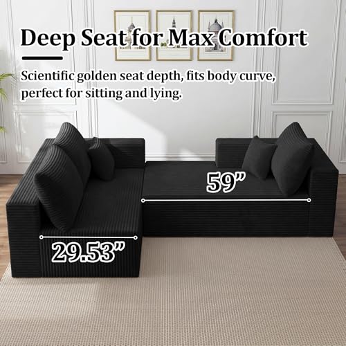 Image of 108 inch Modular Sectional Sofa, L-Shaped Cloud Couch with Deep Seats & Chaise, Convertible 4-in-1 Corduroy Boneless Couches for Living Room, Bedroom, No Need Assembly,Black(Right Facing Chaise)