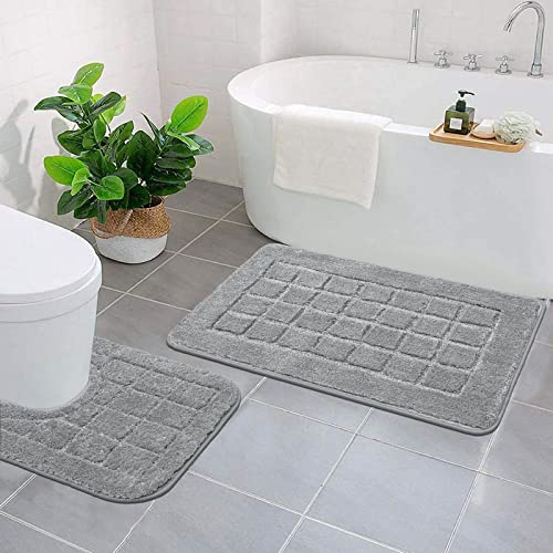 Hebe Bathroom Rugs Set 2 Piece Microfiber Bath Shower Mat And U-Shaped Toilet Rug Non Slip Absorbent Shaggy Bath Rug For Tub, Shower And Bath Room,Grey #TOP1