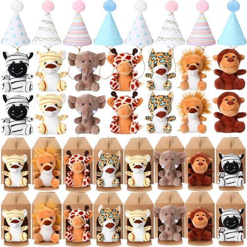 Image of Motionchic 20 Set Safari Mini Jungle Animal Plush Toys Stuffed Forest Animals Plush Toys Set with Birthday Hats Kraft Paper Boxes Adopt Pet Gift for Kid Theme Birthday Favor(Jungle Animal)