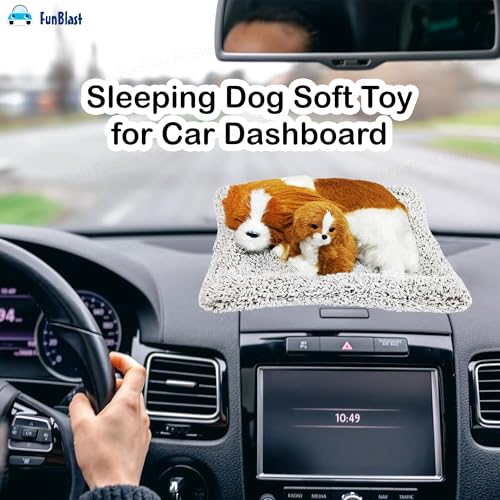 Image of FunBlast Sleeping Cute Dog with Puppy - Realistic Soft & Lifelike Pet Puppy with Bed for Car Dashboard and Home Decor, Sleeping Dog Soft Toy (Brown-White)
