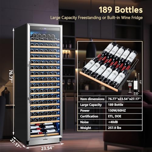 Image of Tylza Wine Fridge 24 Inch, 189 Bottles Large Wine Cooler Refrigerator, Built-in or Freestanding Tall Wine Cooler with Upgraded Compressor, Low Noise, Fast Cooling and Intelligent Temperature Memory