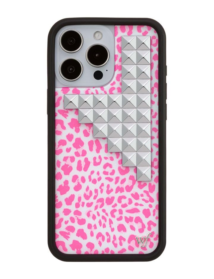 Image of Wildflower Cases - Compatible with iPhone 16 Pro Max | Protective Black Bumper, 6.5ft Drop Test Certified, Women Owned Small Business | Leopard Original Silver | Stud Pyramid Collection - Pink Meow