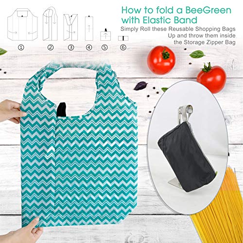 Beegreen Reusable Grocery Bags Lightweight Durable Shopping Bags Washable Foldable 12 Pack Xlarge Classic Geometric Design Gift Tote Grocery Bags With Elastic Band And Separated Zipper Storage Pouch #TOP3