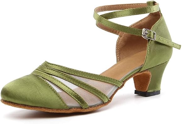 JUODVMP Womens Closed Toe Dance Heels Green Satin Latin Ballroom Dance Shoes for Wedding Party Model YCL189