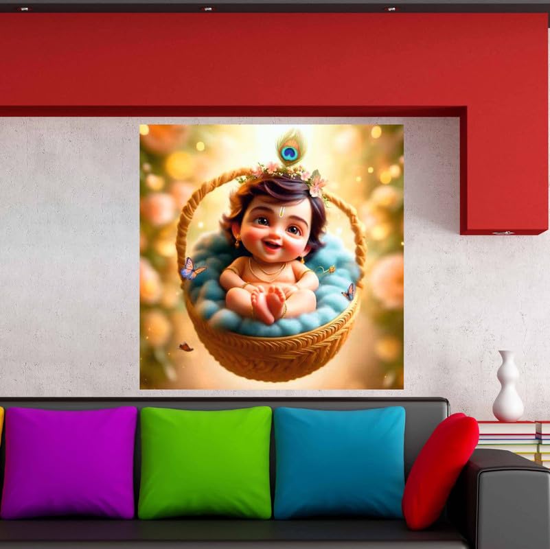 Image of British Terminal Cute little Bal Gopal Baby God Krishna| Kanha Ji | Laddu Lord Makhan Chor Painting Religious Poster for Pregnant Women for wall (matt thin vinyl,sticker,multicolor,unframed)| bj114