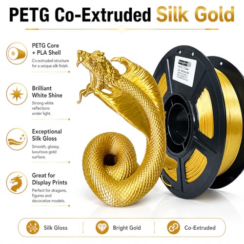 Image of PETG Filament 1.75mm, Co-Extruded Silk Gold, PETG Core with PLA Shell 3D Printer Filament, Glossy Gold Filament for FDM 3D Printing, 1kg Spool