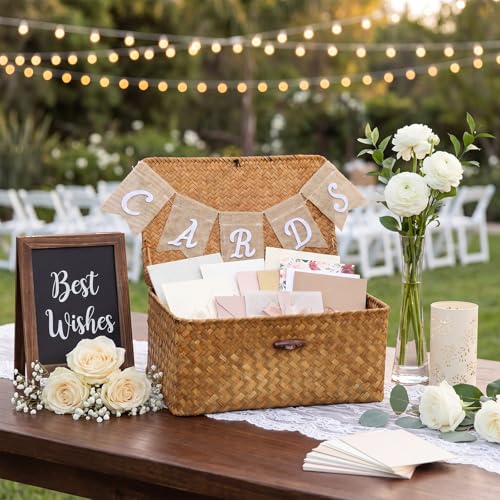 Image of Geelin Sea Grass Wedding Card Basket With Letter Flag Decorative Wedding Card Woven Post Box Suitable For Baby Showers Birthdays Graduation Ceremonies Bridal Showers(Natural Color)