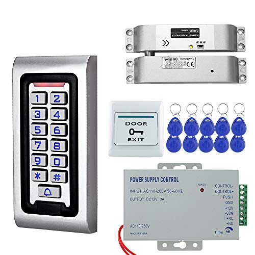 HFeng Door Access Control System Kit IP68 Rainproof RFID Keypad Waterproof + Electronic Drop Bolt Lock + DC12V Power Supply + Exit Button + RFID Keyfobs Tags for Home/Office/Apartments