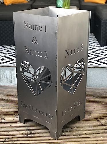 EXTRAVAGANT® Feuertonne, Feuerstelle, Feuerkorb, Feuersäule PERSONALISIERT für den Garten, Terrasse, Stahl, Rostoptik, Unikat, Edelrost, Geschenk Familie (3 Kinder)