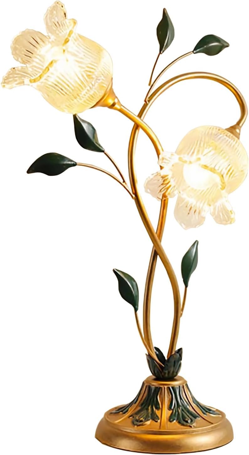 SANDYHA Gold Glass Flower Table Lamp Vintage 2-Light Floral Side