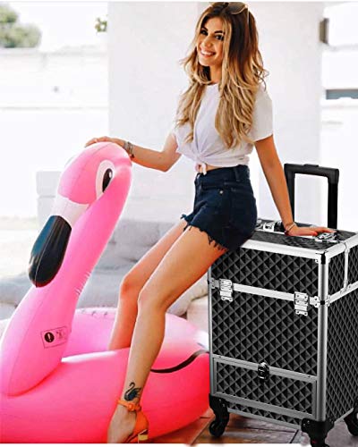 OUDMAY by Amazon - Makeup Case - Professional Rolling Cosmetic Travel Storage With Folding Trays and Drawer Crystal Black