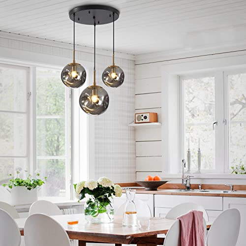 Bokt Modern 3-Light Large Globe Pendant Light Smoke Gray Glass Cluster Pendant Light Black Gold Multi Light Pendant Lighting Industrial Vintage Kitchen Island Ceiling Hanging Light #TOP4