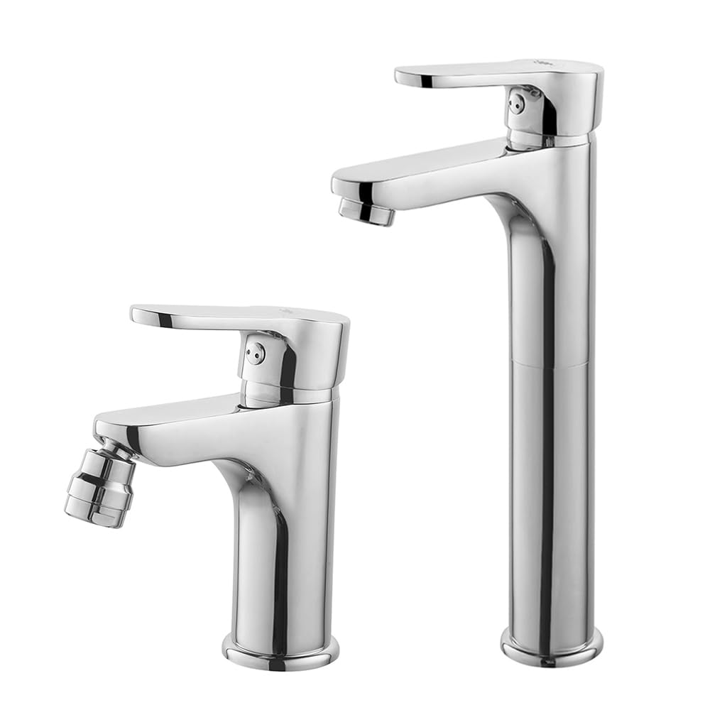 Set miscelatori lavabo Alto e Bidet monocomando, in Ottone Cromato, con piletta di Scarico Inclusa, Paco