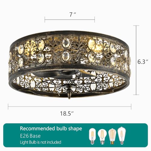 Rjieoc Vintage Crystal Ceiling Fan with Light, Farmhouse Caged Fandelier with Remote Control, Industrial Flush Mount Ceiling Fan Light for Bedroom Living Room Dining Room Kitchen - image 4