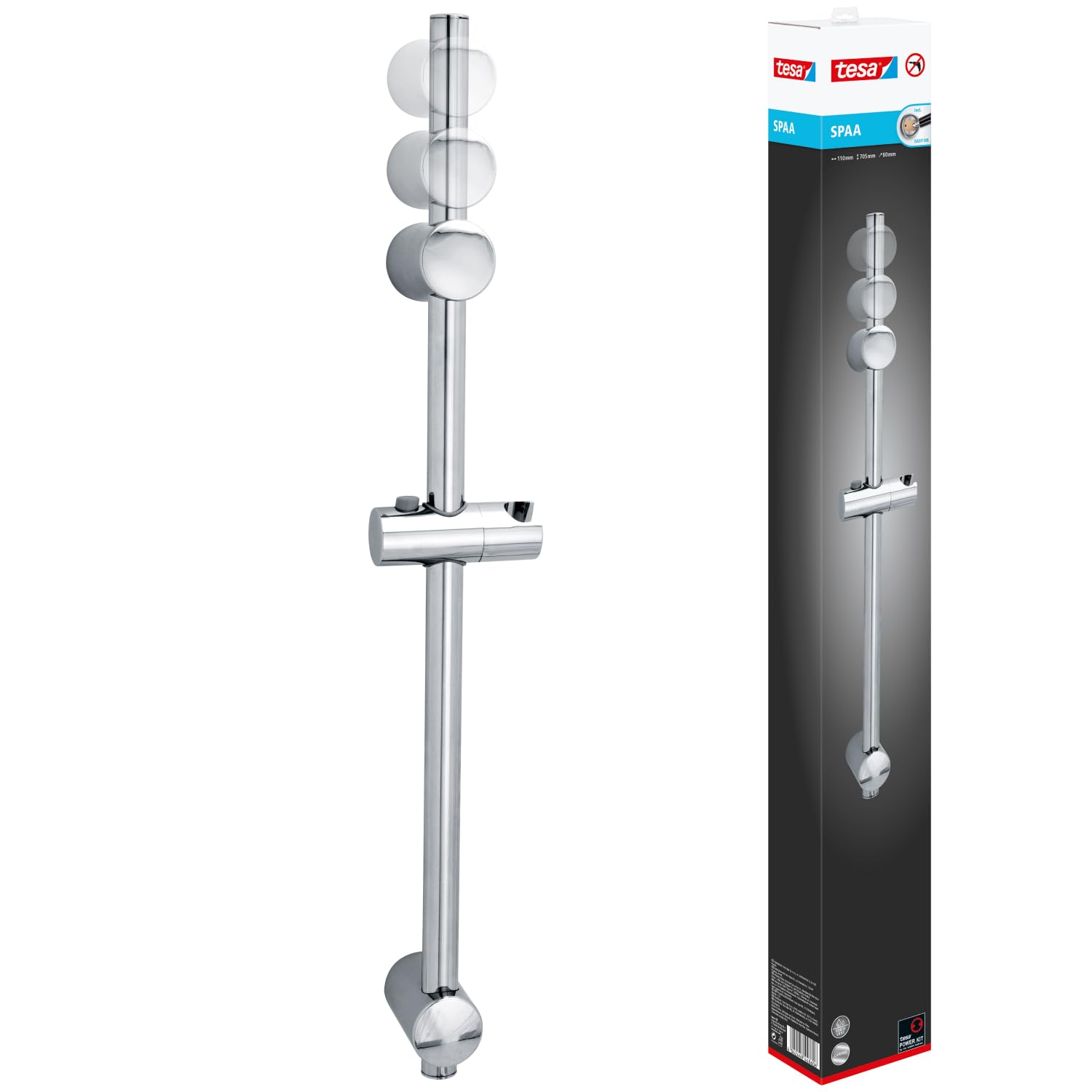 tesa SPAA Duschstange, verchromt, Duschkopfhalter höhenverstellbar, inkl. Klebelösung, Länge der Stange: 705mm