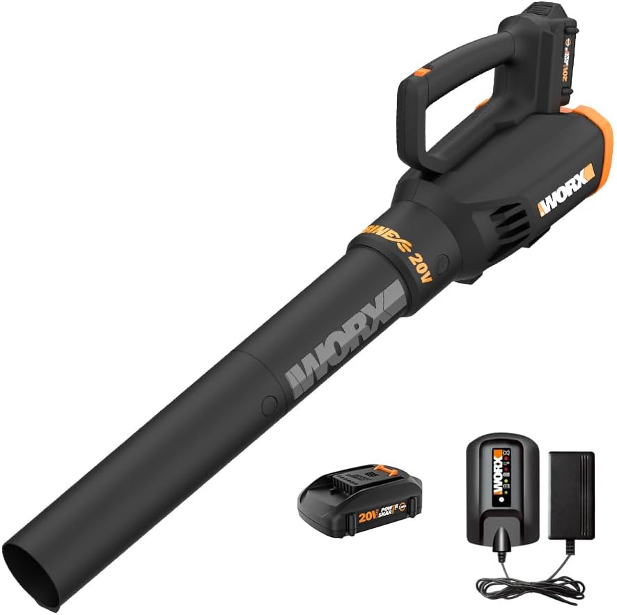 WORX WG547 20V Cordless Leaf Blower, Electric Blower with Turbine Fan, Blowers for Lawn Care with 2 Speed Control, Battery & Charger Included 360CFM 20V Blower w/(1)2.0 Ah Battery