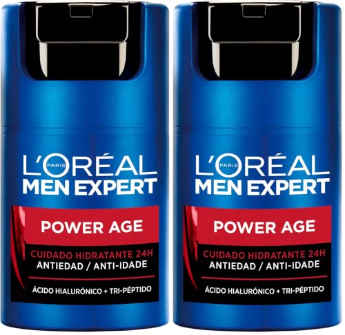 L'Oréal Crema hidratante para hombre, Antiarrugas y antienvejecimiento, Con ácido hialurónico hidratante para el envejecimiento, Para pieles secas y apagadas, Men Expert Power Age, 50ml (Paquete de 2)