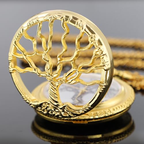Image of Tiong Pocket Watch Hollow Tree of Life Design Roman Numerals Engraved Bible Verse Quartz Pocket Watch with Chain Custom Pocket Watch Birthday Gifts