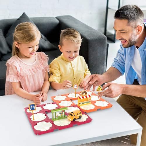 Image of PicassoTiles 60pc Race Car Track Builder Set Rotating Reversible Racetracks with School Bus Toy Vehicle and Accessories STEM Learning Construction Building Playset for Toddler Boys Girls Ages 3+ PTR21