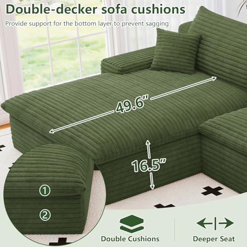 Image of 136 inch Cloud Couch Modular Sectional Sofa for Living Room, U-Shape Boneless Couch with Deep Seat, Modern Corduroy 4-Seater with Ottoman, No Assembly Required (Green,Left-Facing Chaise)