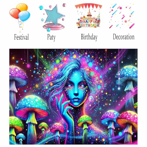 Image of Nuxovilar UV Neon Mushroom Wall Tapestry Polyester 78.74x59.05 In | Glow Backdrop Trippy Wall Poster Aesthetic Art Neon Room Decor Bedroom Living Dorm Lounge (Blue Figure Mushroom)