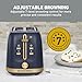 West Bend Timeless 2-Slice Toaster with 7 Browning Levels, Bagel/Waffle/Defrost Settings, High-Lift Lever, Anti-Jam, Easy-Clean Crumb Tray, 2-Slice, Blue/Gold