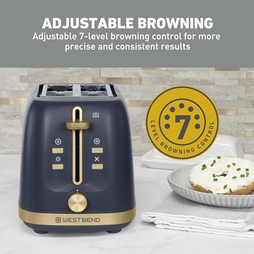 Image of West Bend Timeless 2-Slice Toaster with 7 Browning Levels, Bagel /Waffle /Defrost Settings, High-Lift Lever, Anti-Jam, Easy-Clean Crumb Tray, 2-Slice, Blue /Gold