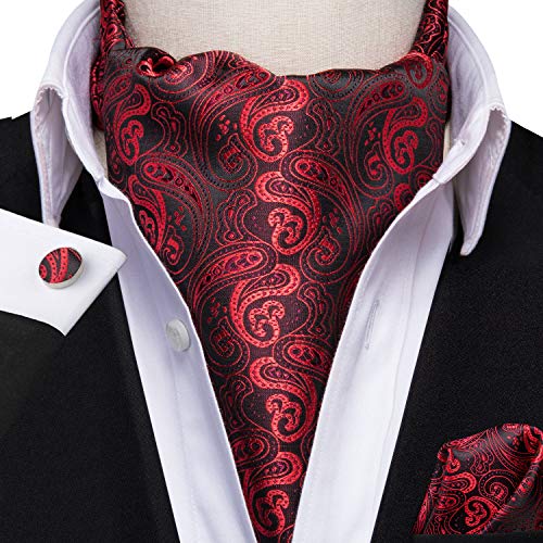 Image of Hi-Tie Silk Ascot for Men Self Tie Men's Cravat and Flower Lapel Pin Handkerchief Cufflinks Set for Wedding Party