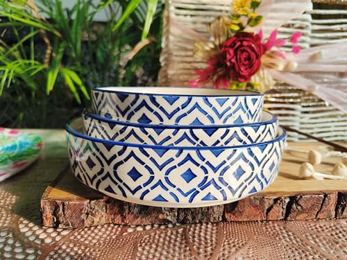 Image of Niyara Stoneware Handmade Ceramic Stylish Premium Serving Bowls /Salad Tray Microwave Dishwasher Safe (Blue Design Salad Bowl Set of 3)