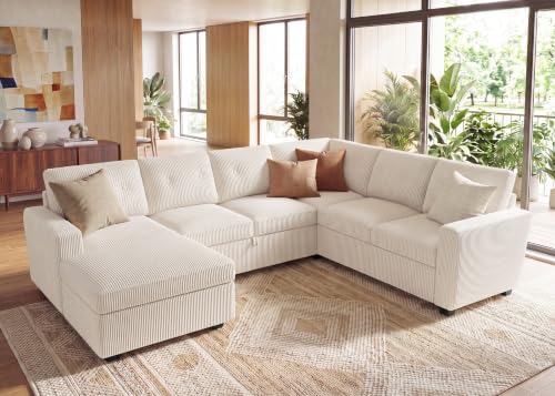 Image of HONBAY Corduroy Sectional Sleeper Sofa with Pull Out Bed, 7 Seaters 106 Inch U Shaped Setional Couch for Living Room, Beige