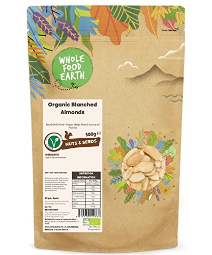Wholefood Earth Organic Blanched Almonds 500g | Raw | GMO Free | Vegan | High Fibre | Source of Protein | Certified Organic