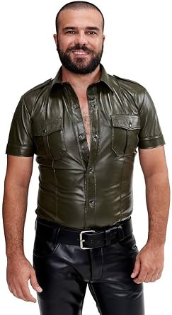 Mount Helicon Mens Real Thick Leather Soft BLUF Gay Military Police Style Shirt Pockets All Season