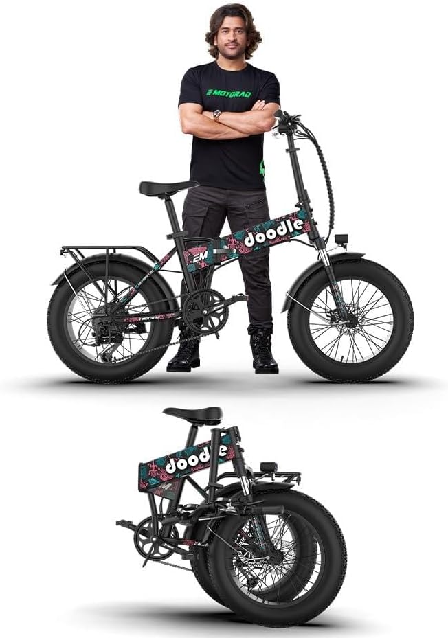 EMotorad Doodle Pro Fat-Tire Foldable Electric Mountain Bike – 250W Rear Hub Motor, 12.75Ah Removable Li-ion Battery, C6+ Display, Front/Rear Lights with Side Indicators (Doodle Pro, Native Pop)