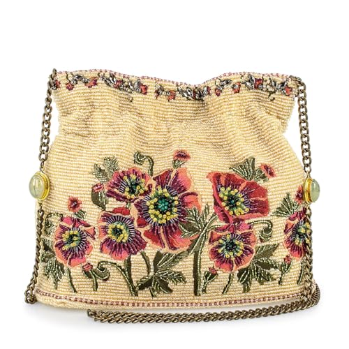 Mary Frances In the Wild Beaded Crossbody Handbag Floral-Themed Vegan Evening Purse, Beige
