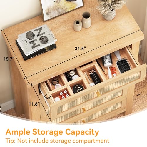 Image of Natural Rattan Dresser for Bedroom with 5 Drawers, Wood Boho Chest of Drawers with Gold Metal Handle, Matte Top Bedroom Tall Dresser with Large Drawers for Living Room, Closet, Hallway, (Nartual)