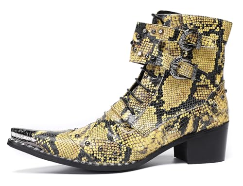 Santimon Men's Genuine Leather Cowboy Boots - Western Dress Boots with Metal Toe & Buckles | Mid-Calf Party, Rock & Motorcycle Boots2