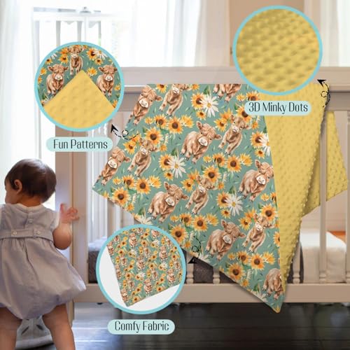 Image of Mink Baby Girl Blanket Highland Cow Sunflower, Western Cowgirl Calf Flower Soft Double Layer Dotted Backing Receiving Swaddle, Fall Autumn Newborn Infant Toddler Nursery Crib Bedding Shower Gift 30x40