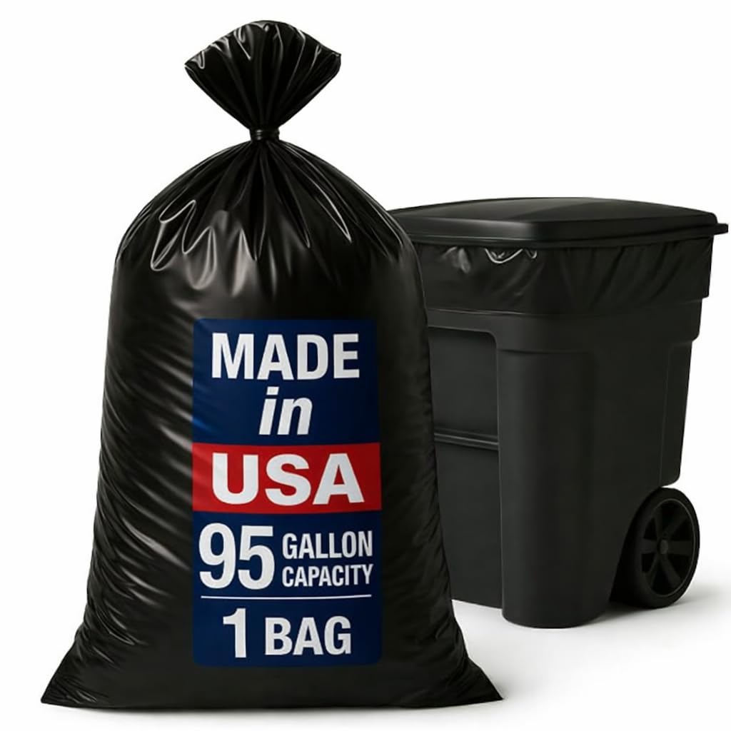 95-96 Gallon Extra-Large Black Garbage Can Liners, Heavy-Duty Trash Bags, 1 Bag, 1.5 Mil Thick, Ideal for Commercial & Home Use