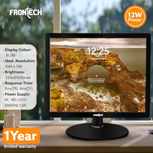 Image of FRONTECH 15 Inch HD LED Monitor | Refresh Rate 60 Hz, 1024 x 768 Pixels | Wall Mountable Slim Stylish Design with 16.7M Colors | HDMI & VGA Ports, Built-in Power Supply (MON-0067,Black)